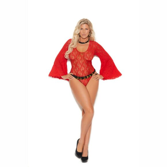 Plus Size Red Lace Teddy Bell Sleeves Keyhole Back - Picture 4 of 5